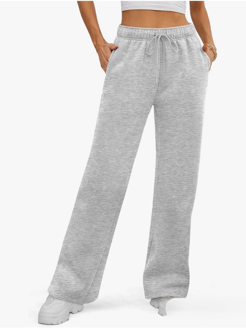 Women's Light Gray Wide-Leg Sweatpants with Drawstring medium tall
